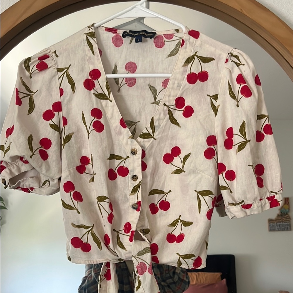 Princess Highway Cherry Print Blouse - Cream and Red
